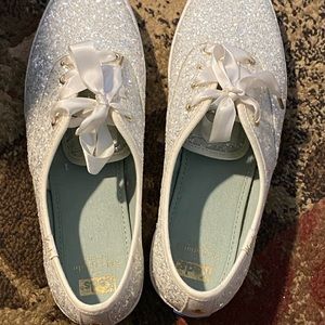 Keds X kate spade new york Womens Champion Glitter Sneaker Size 8.5 White/Silver